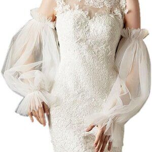 Women's Off-White Velvet Satin Mesh Ruffled Puff Long Gloves Banquet Party Tea